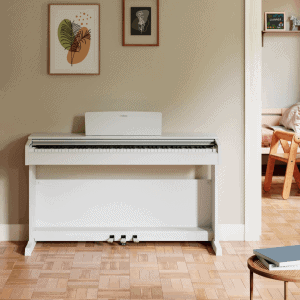 The Yamaha Arius YDP-145 in white in a contemporary home which clearly doesn't have any kids living in it