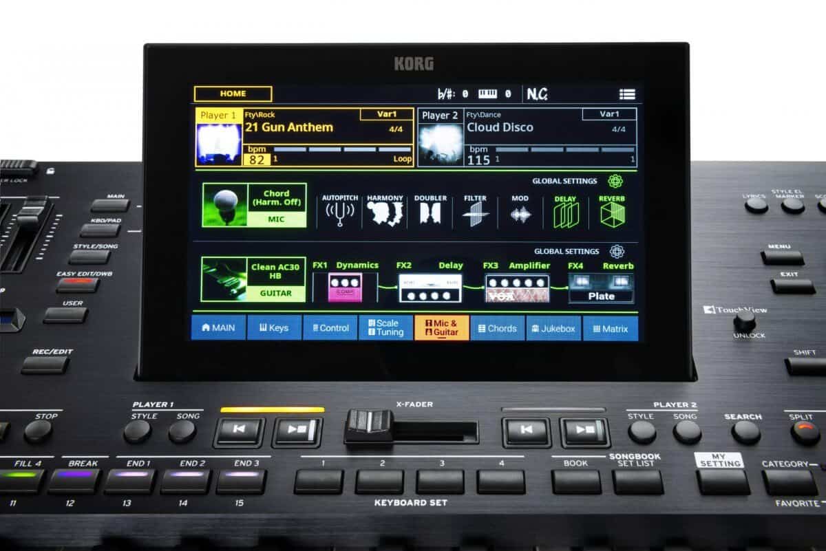 The Korg Pa5X keyboard's touchscreen display showing graphics os amp models -