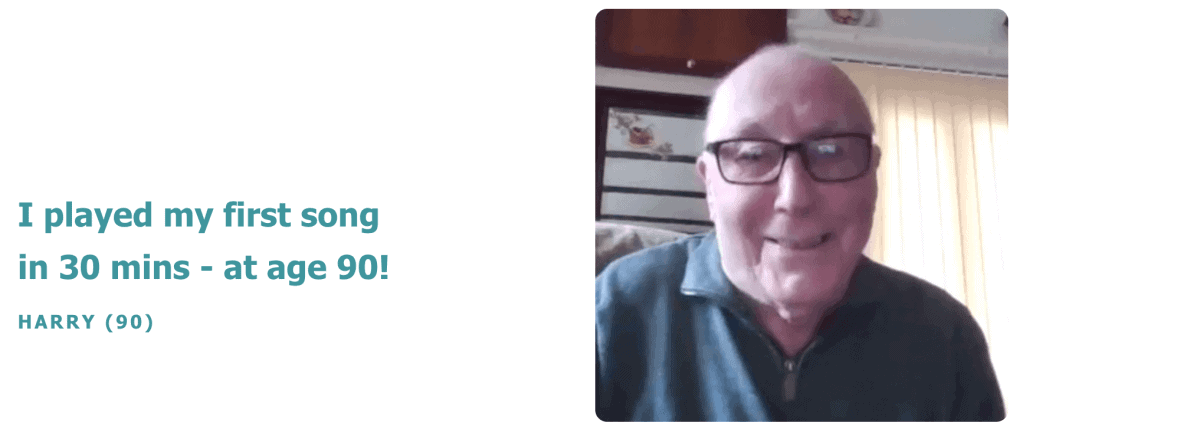 picture of a pensioner who has learned to play piano easily using the DecPlay method