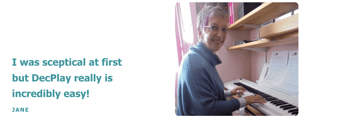 An elderly lady learning to play the piano with decplay method
