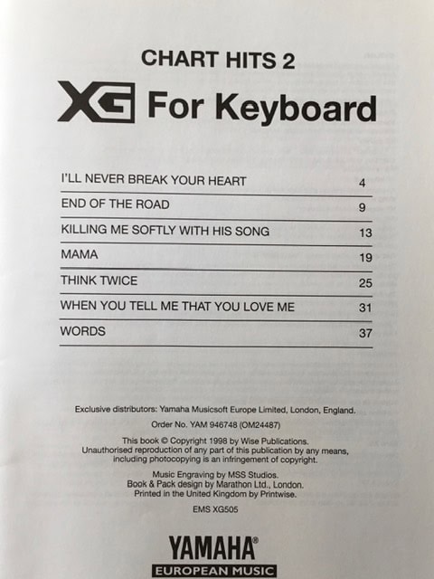 Yamaha XG For Keyboard - Chart Hits 2 (no disc)